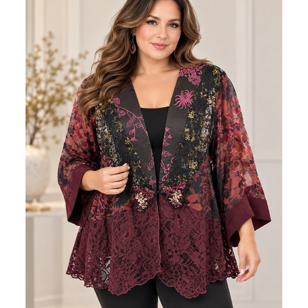 Spencer Alexis Women's 2X Burgundy Lace Floral Embroidered Bohemia Kimono Jacket